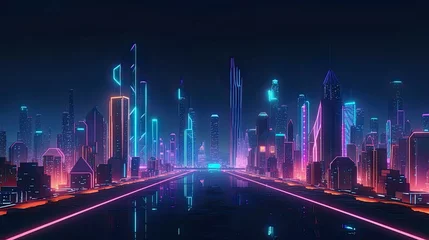 An image of a futuristic city skyline at night, with neon lights and glowing buildings - Generative AI © ImageMaster