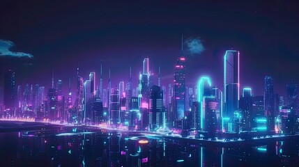 An image of a futuristic city skyline at night, with neon lights and glowing buildings - Generative AI