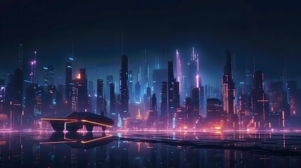 An image of a futuristic city skyline at night, with neon lights and glowing buildings - Generative AI