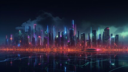 Fototapeta na wymiar An image of a futuristic city skyline at night, with neon lights and glowing buildings - Generative AI