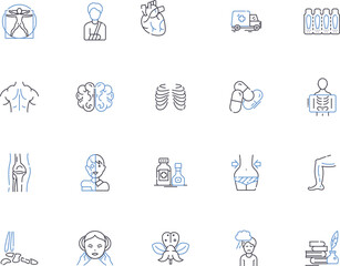 Clinic outline icons collection. Clinic, Medical, Healthcare, Therapy, Doctor, Diagnosis, Treatment vector and illustration concept set. Care, Nurse, Emergency linear signs