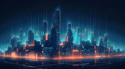 Obraz na płótnie Canvas An image of a futuristic city skyline at night, with neon lights and glowing buildings - Generative AI