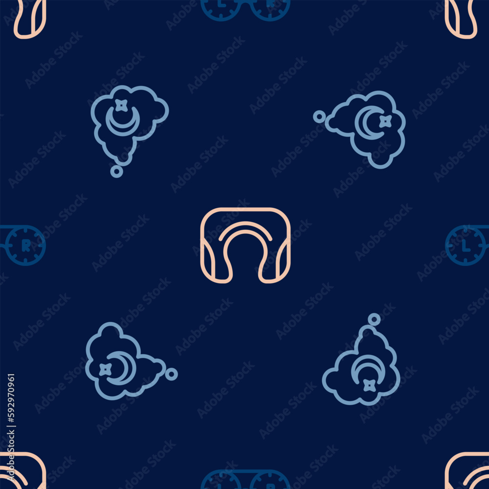 Wall mural Set line Contact lens container, Dreams and Travel neck pillow on seamless pattern. Vector