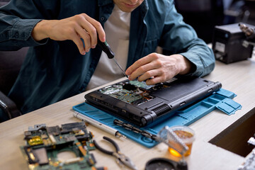 technician hold the screwdriver for repairing the laptop. computer hardware, repairing, upgrade and...