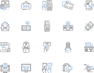 Store outline icons collection. Shop, Outlet, Stock, Stockroom, Depot, Bazaar, Mart vector and illustration concept set. Supermarket, Emporium, Boutique linear signs