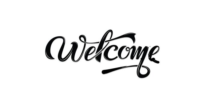 welcome text animation. Handwritten modern calligraphy in black color on the white screen alpha channel. Welcome animated