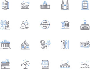 Fototapeta na wymiar Hospitality company outline icons collection. Hotel, Inn, Lodge, Resort, B&B, Hostel, Boutique vector and illustration concept set. Vacation, Airbnb, Concierge linear signs