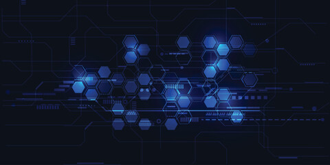 Vector illustrations of futuristic display for horizontal layout showcase with optic hexagon network and digital element grid line circuit decor.Future digital innonvation and technolog concept.