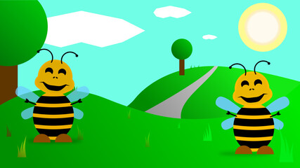 Happy bees in the meadow. Two cartoon bees, tree, hills. Summer landscape.