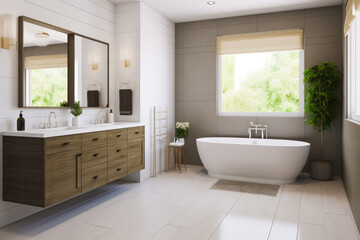Naklejka na ściany i meble Bathroom with tub, sink, mirror, and large window. Generative AI.