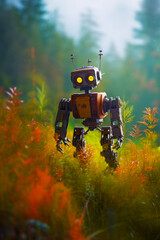 Robot is standing in the middle of field of grass and flowers. Generative AI.