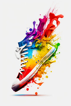 Pair of colorful sneakers with splash of paint coming out of them. Generative AI.