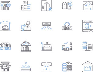 Houses and accomodation outline icons collection. Home, Accommodation, Residence, Abode, Lodging, Domicile, Dwelling vector and illustration concept set. Villa, Cottage, Mansion linear signs