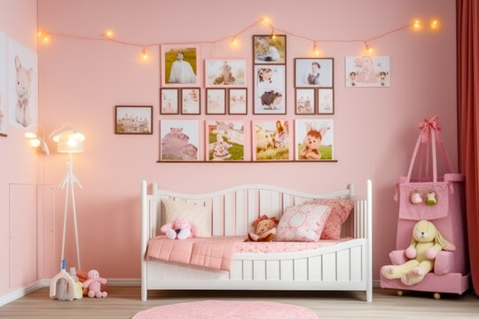Girl's bedroom with pink walls and pictures on the wall above the bed. Generative AI.