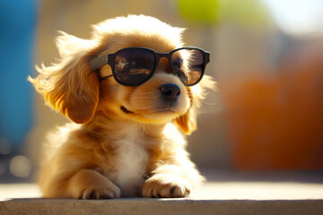 Small dog wearing pair of sunglasses on top of it's head. Generative AI.