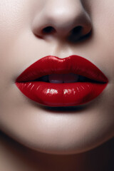 Close up of woman's lips with red lipstick on it. Generative AI.