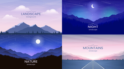 A set of polygonal landscape illustrations. A collection of flat landscapes. Night scene, highway, mountainous terrain. Vector illustration. Poster, cover, wallpaper design with text.