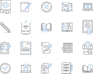 Knowledge management outline icons collection. Knowledge, Management, Storage, Sharing, Synthesis, Creation, Acquisition vector and illustration concept set. Analysis, Organization, Classification