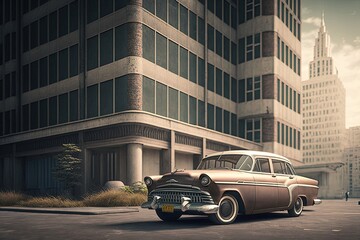 Plakat vintage car parked in front of modern office building, with view of the city skyline visible in the background, created with generative ai