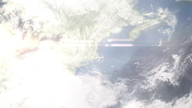 Earth zoom in from outer space to city. Zooming on Brockton, Massachusetts, USA. The animation continues by zoom out through clouds and atmosphere into space. Images from NASA