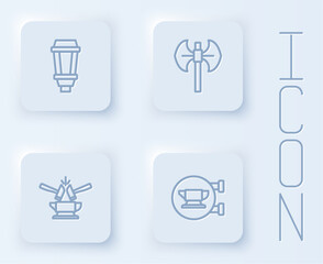 Set line Garden light lamp, Medieval poleaxe, Anvil and hammer and Blacksmith anvil tool. White square button. Vector