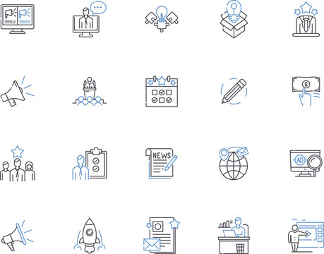 Promotion outline icons collection. Advertising, Marketing, Branding, Exposure, Launch, Publicity, Uplift vector and illustration concept set. Boost, Upsell, Announce linear signs