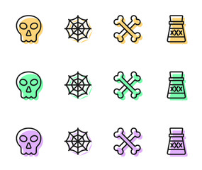 Set line Crossed bones, Skull, Spider web and Bottle with potion icon. Vector