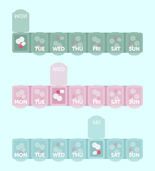 Pharmacy weekly pill boxes with medical pills. Green, pink and blue plastic medical boxes. Flat style vector illustration