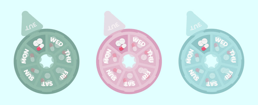 Round pharmacy weekly pill boxes with medical pills. Green, pink and blue plastic medical organizers . Flat style vector illustration