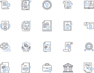Legal outline icons collection. Law, Court, Rights, Contract, Attorney, Justice, Legislation vector and illustration concept set. Litigation, Agreement, Hearings linear signs