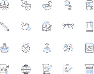 visual art outline icons collection. Painting, Drawing, Sculpture, Printmaking, Collage, Photography, Mixed-Media vector and illustration concept set. Ceramics, Assemblage, Installation linear signs