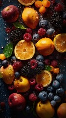 Fresh mixed fruit with water droplets running down the luscious fruit. This is a generative ai picture.