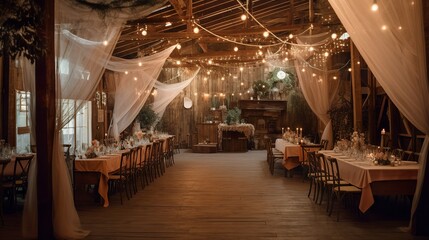 Fototapeta premium Cozy bohemian and vintage wedding decoration in a barn, with dried flowers, AI generated