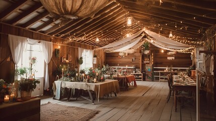 Fototapeta na wymiar Rustic and bohemian vibe wedding hall interior in a barn, AI generated 