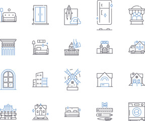 Houses and household outline icons collection. House, Household, Home, Dwelling, Residence, Abode, Villa vector and illustration concept set. Cottage, Condo, Apartment linear signs