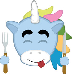 vector illustration face of unicorn cartoon, an expression of yummy how delicious with a knife and fork in his hands