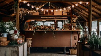 Fototapeta na wymiar Cozy vintage wedding van bar with lights and dried flowers, AI generated