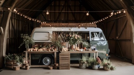 Cozy wedding decor vintage van with lights and flowers, AI generated