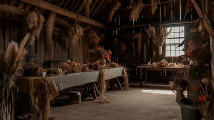 Fototapeta na wymiar Cozy bohemian and vintage wedding decoration in a barn, with dried flowers, AI generated