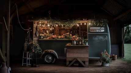 Rustic cozy van with dried flowers and a string of lights, AI generated 