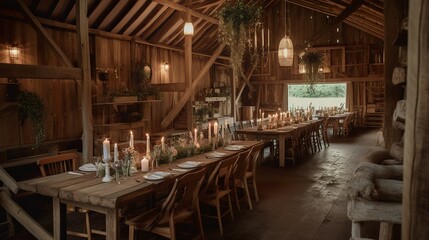 Cozy rustic wedding hall interior design, AI generated 