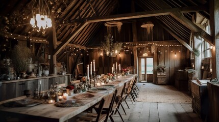 Cozy wedding decoration with dried flowers in a barn, AI generated 
