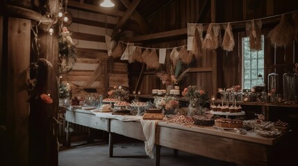 Fototapeta na wymiar Cozy vintage wedding decor and interior in a barn, AI generated 