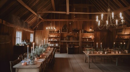 Fototapeta na wymiar Cozy rustic and vintage wedding hall decoration interior, AI generated 
