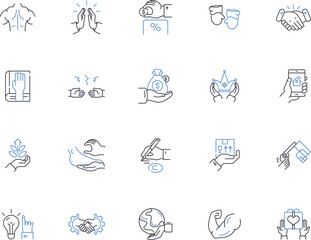 Hands outline icons collection. Grip, Grasp, Clench, Wring, Fist, Hold, Palm vector and illustration concept set. Shake, Rub, Grasping linear signs
