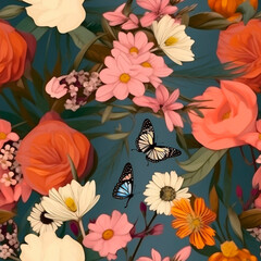 Seamless pattern of Beautiful Butterflies in the gorgeous flowers. AI generated