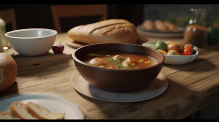 Nicely set lunch table with delicious soup, ai generated