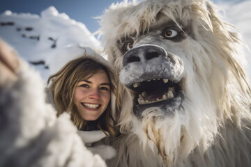 smiling woman taking selfie with yeti in the snow, made with generative ai