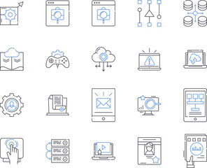 Digital devices outline icons collection. Digital, Devices, Technology, Electronics, Laptops, Phones, Tablets vector and illustration concept set. IoT, AI, Software linear signs