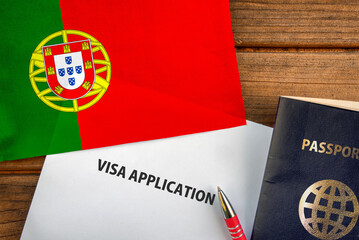 Visa application form, passport and flag of Portugal
